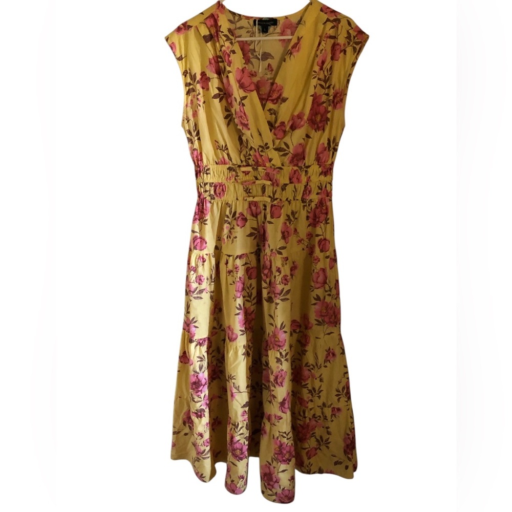Meadow Rhodes Anthropologie Yellow Floral Midi Dress Size L New